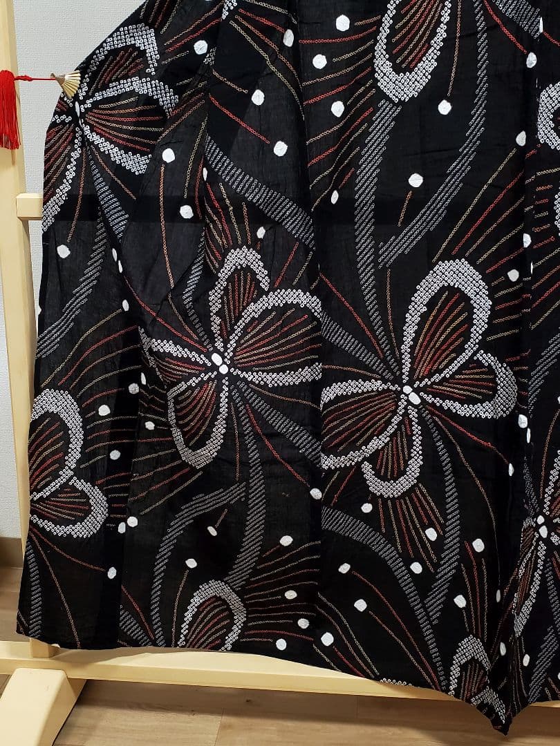 AB5 有松鳴海絞り 蝶々模様 花火 黒色 綿 浴衣 着物 04