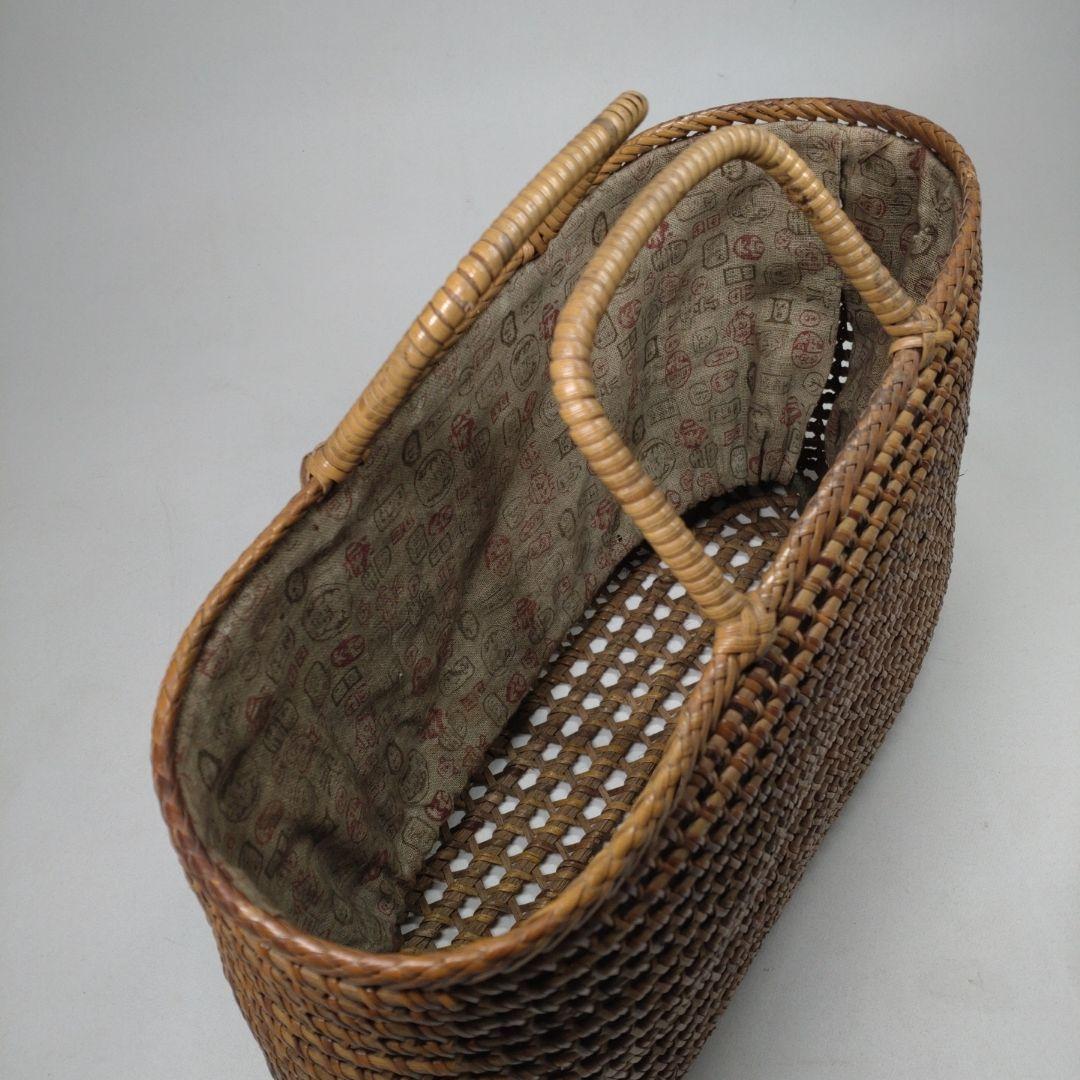 古い 籐編み 手提げ 籠／かご 古布 籐 バッグ