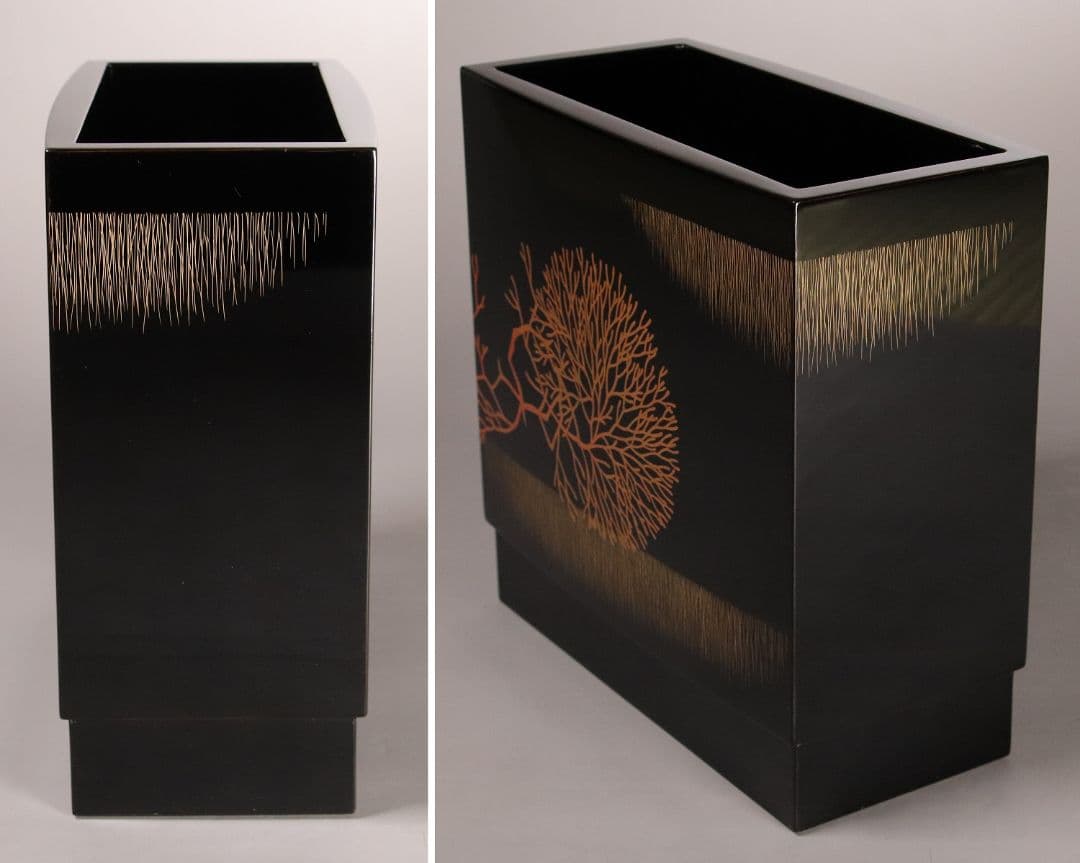 輪島塗名工「井波唯志」海華文 花器 蒔絵 沈金 黒塗 木製漆塗 花入 M971