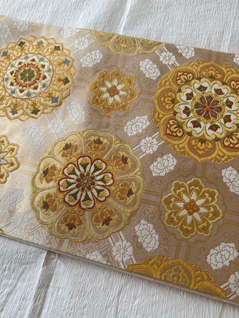 【名門・加藤善】西陣織 袋帯 正倉院華紋 金糸 オフホワイト 証紙あり 未仕立品