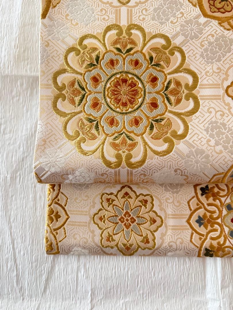 【名門・加藤善】西陣織 袋帯 正倉院華紋 金糸 オフホワイト 証紙あり 未仕立品