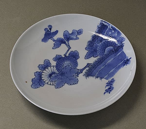 藍古九谷 柴垣に菊花の図 五寸皿