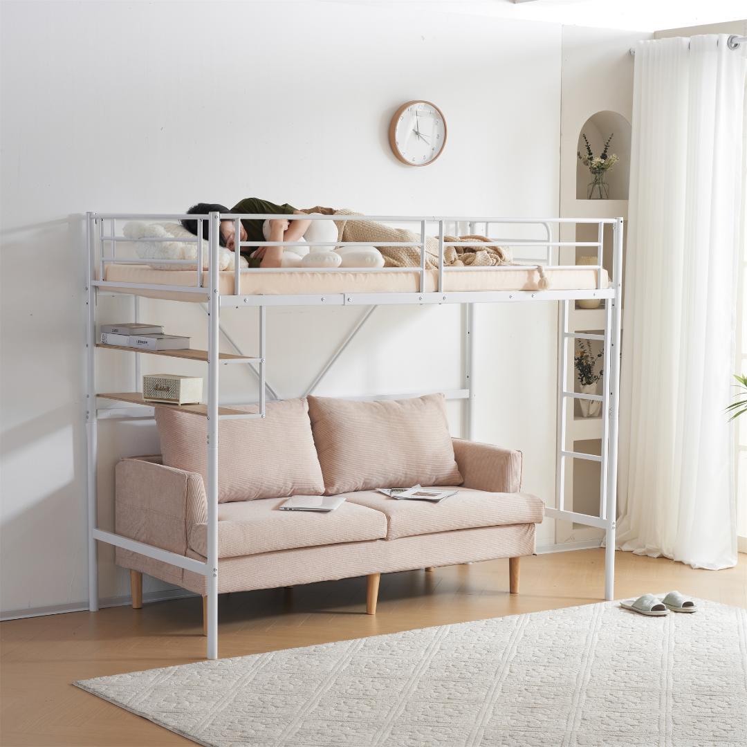 ロフトベッド パイプベッド（S）北欧風デザイン安定構造・耐震設計　WHITE