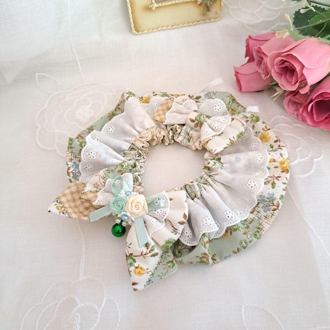 幅広シュシュ(カントリーパッチワークグリーン)わんちゃん猫ちゃん用