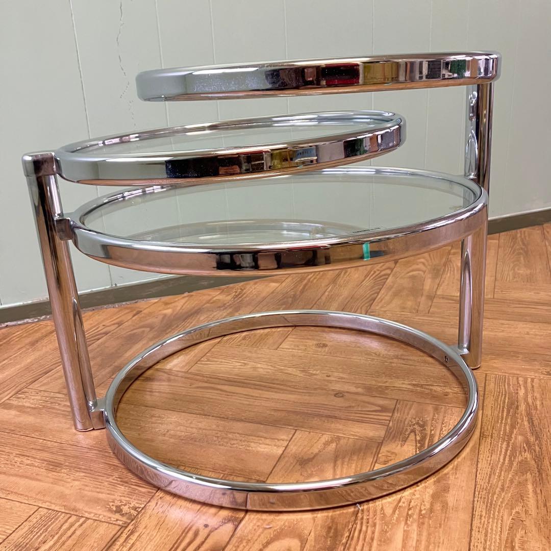大人気❣️ミッドセンチュリー ラウンドテーブル　4段　強化ガラステーブル ✨