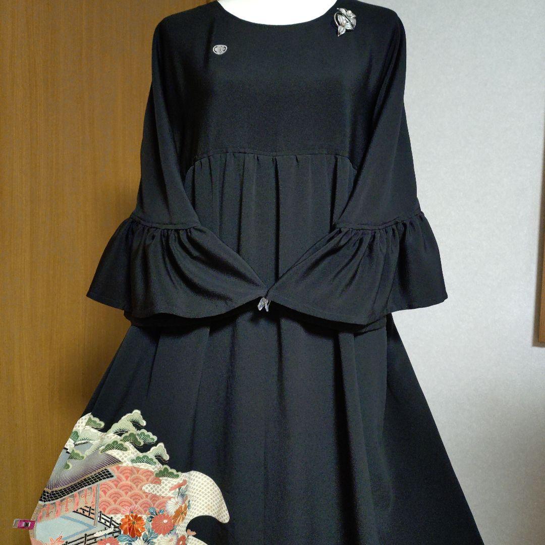 正絹留袖リメイク✤ゆったりロングワンピース✤フリル袖✤シルクのペチコート付