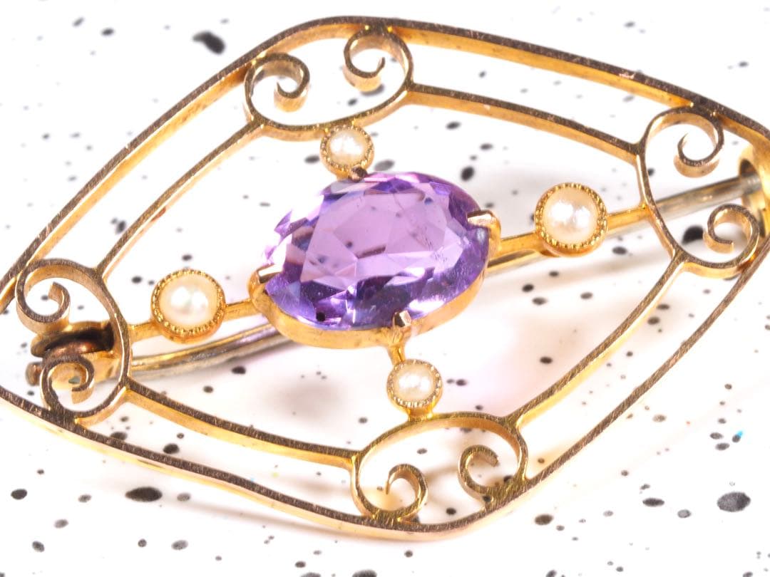 アメジスト　シードパール　9金　ブローチ　エドワーディアン期　刻印
