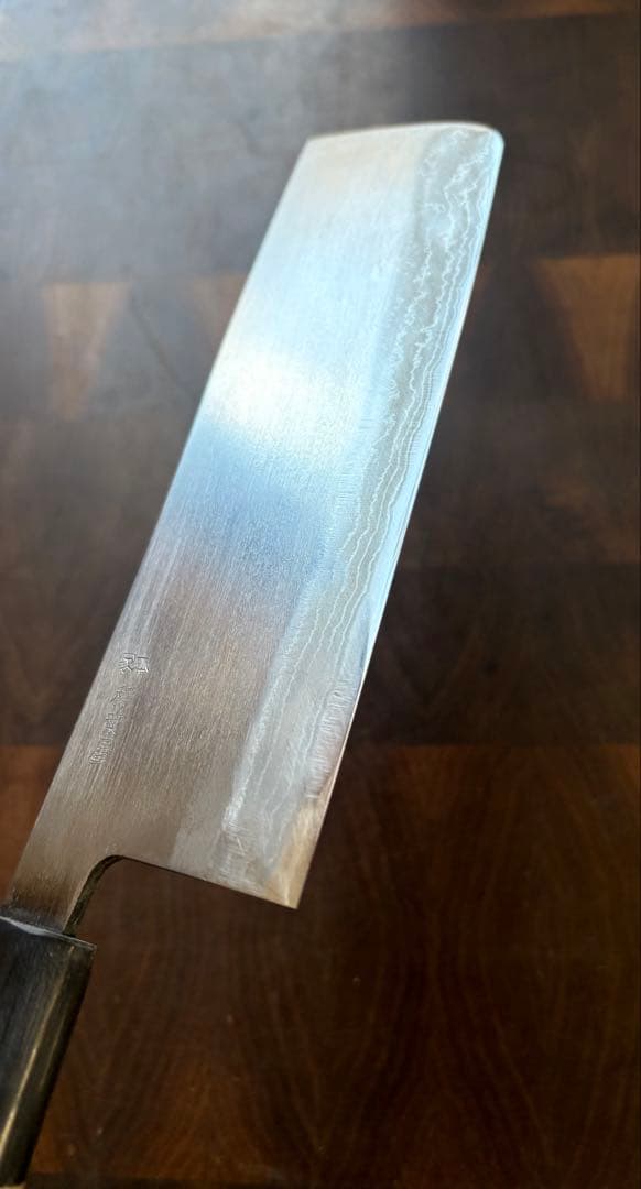 本家　稲葉屋　ダマスカス　墨流し　菜切　165mm 包丁　和包丁　白鋼　水牛朴柄