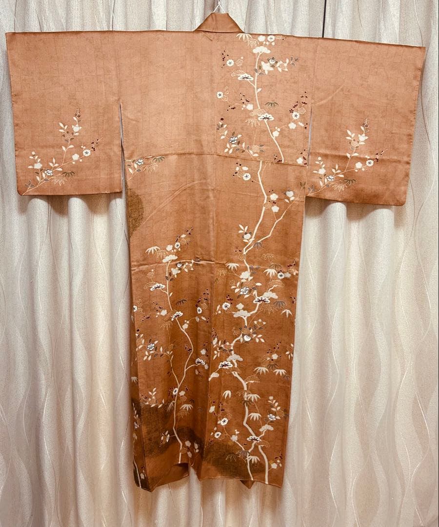 美品　訪問着のみ　ブラウン　希少S S サイズ　金刺繍　松竹梅　椿　パール加工済