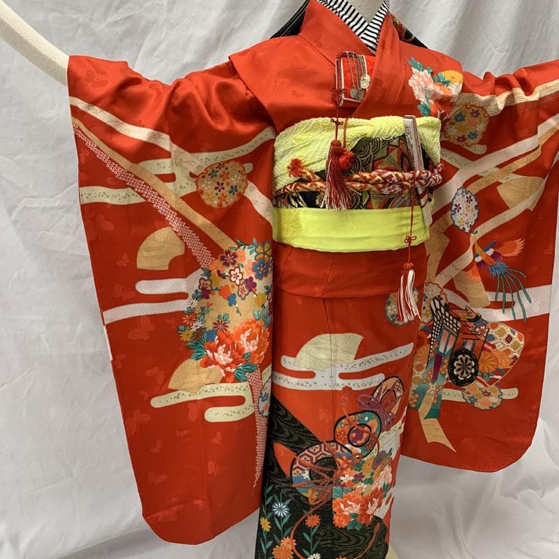 508ag94□七五三 七歳 女児 着物&袋帯 金彩 鳳凰 鼓 赤□状態良好