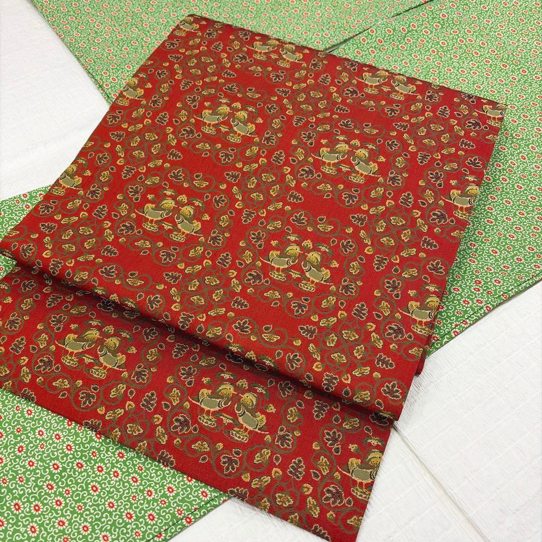 龍村美術織物-名古屋帯-赤￼地鴛鴦唐草柄￼