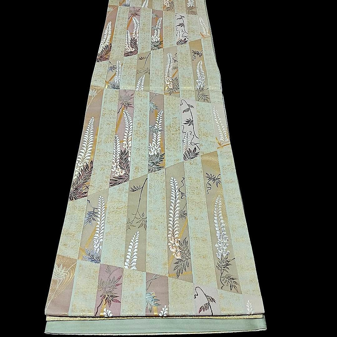 新品　礼装用袋帯　緑に金箔織　不死の“藤の花”　刺繍　金糸輝く優雅で美しい逸品