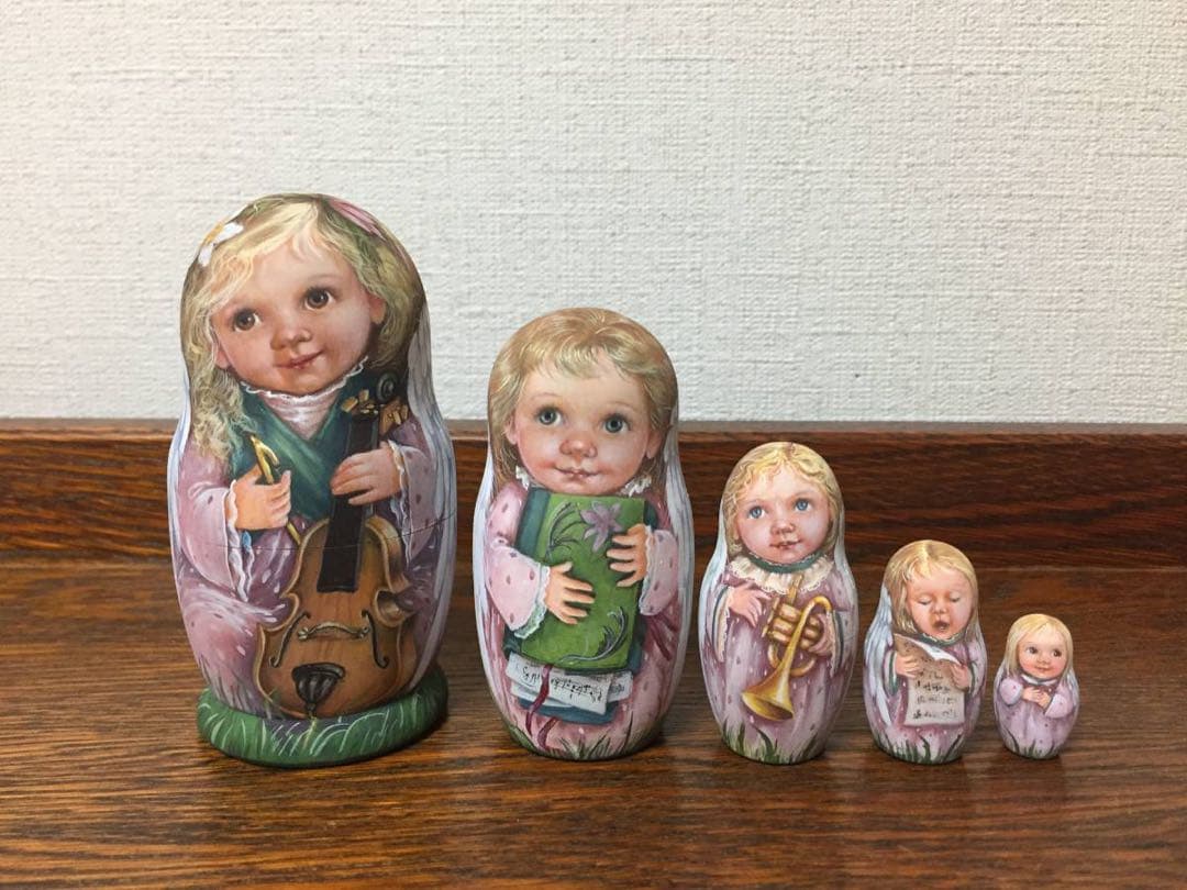 ロシア雑貨☆天使マトリョーシカ チェロ&楽譜付きフォルダー(5P)H10.5cm