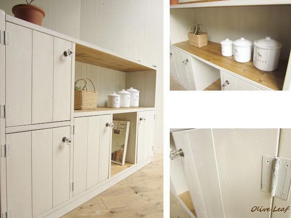 サイズデザインオーダー可ワイドロータイプ4扉キャビネットシャビーホワイト受注製作