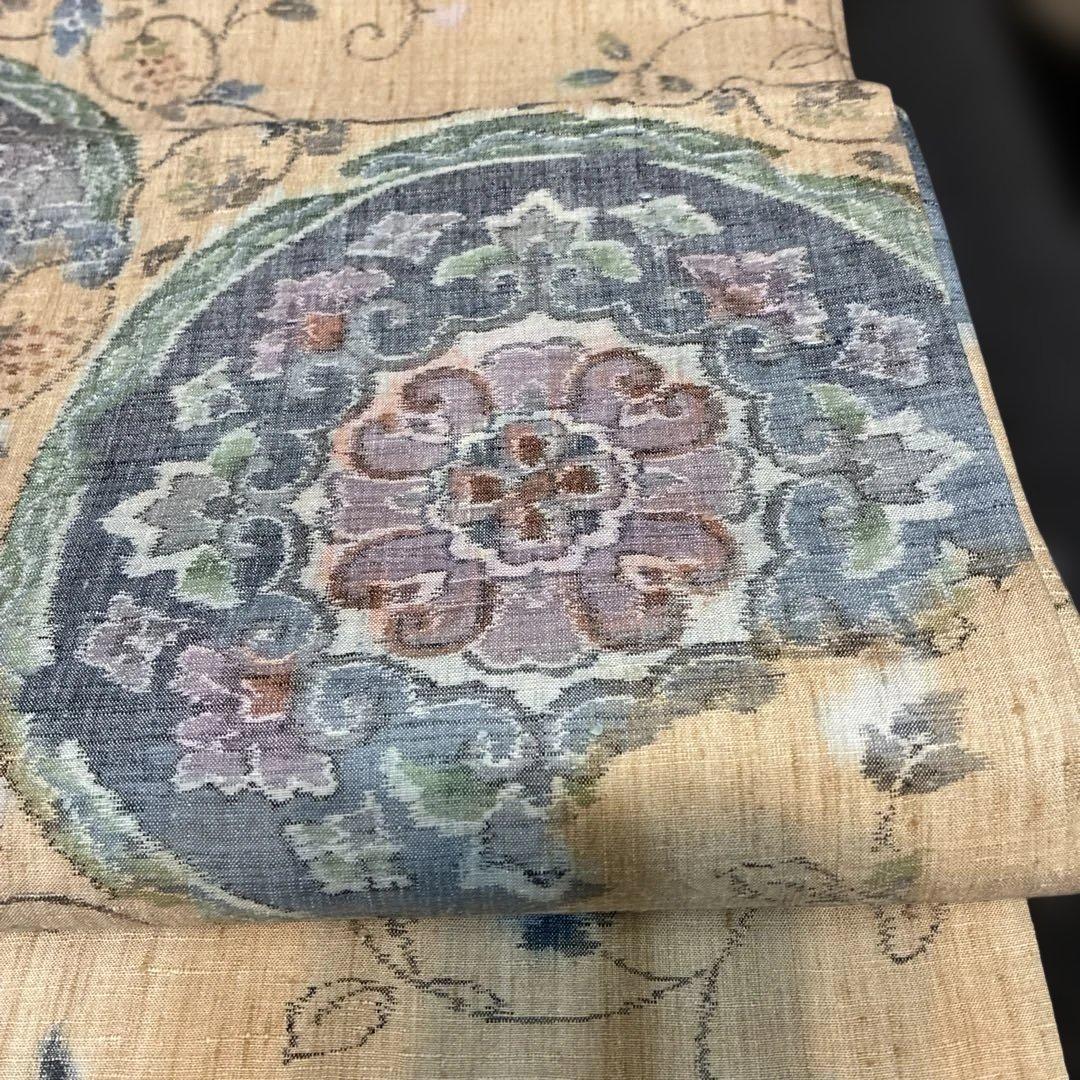 袋帯 紬地 華文 花唐草 ベージュ 六通 正絹