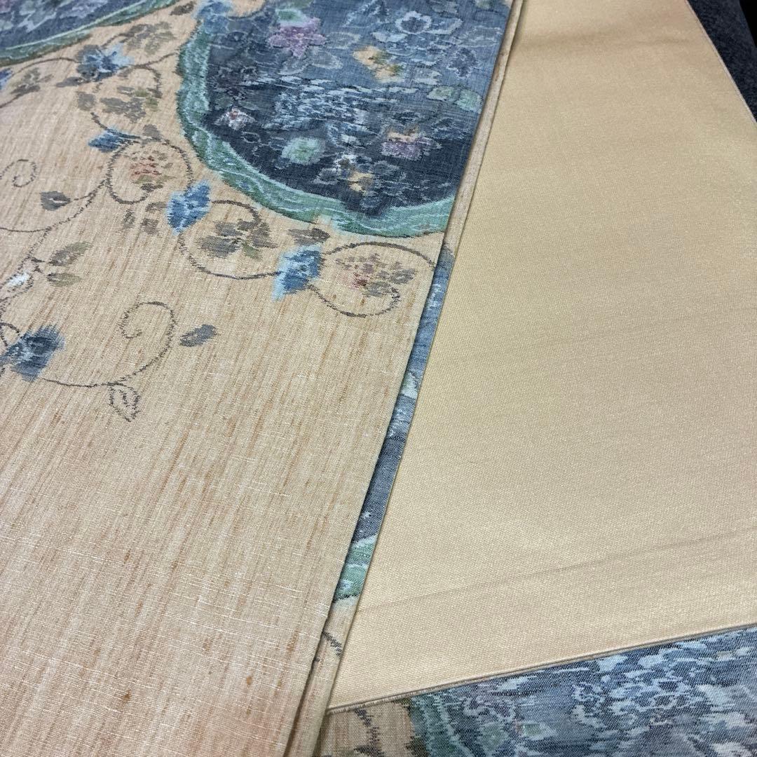 袋帯 紬地 華文 花唐草 ベージュ 六通 正絹