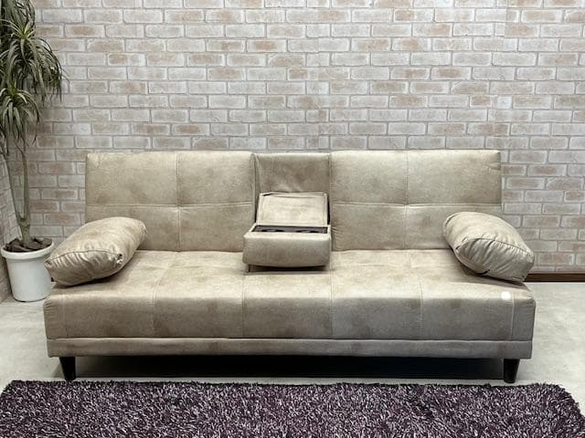 ソファーベッド　ベージュ系　小テーブル付き　レザーファブリック　ソファ　新品