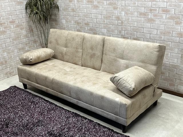 ソファーベッド　ベージュ系　小テーブル付き　レザーファブリック　ソファ　新品