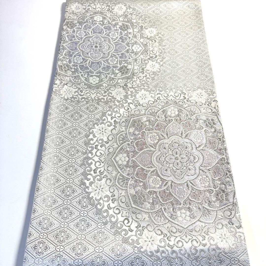 6k128 袋帯　絹　唐織　正倉院文様　華文　銀色　白　ピンク　紫　花柄　和装