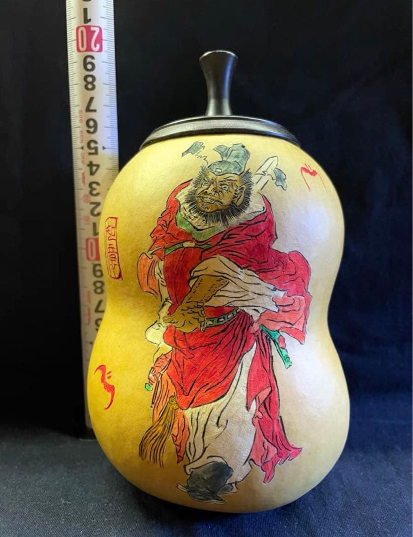 瓢箪茶入れ　茶筒　茶道具　煎茶　煎茶道具　ひょうたん　鐘馗　彫刻　中国美術