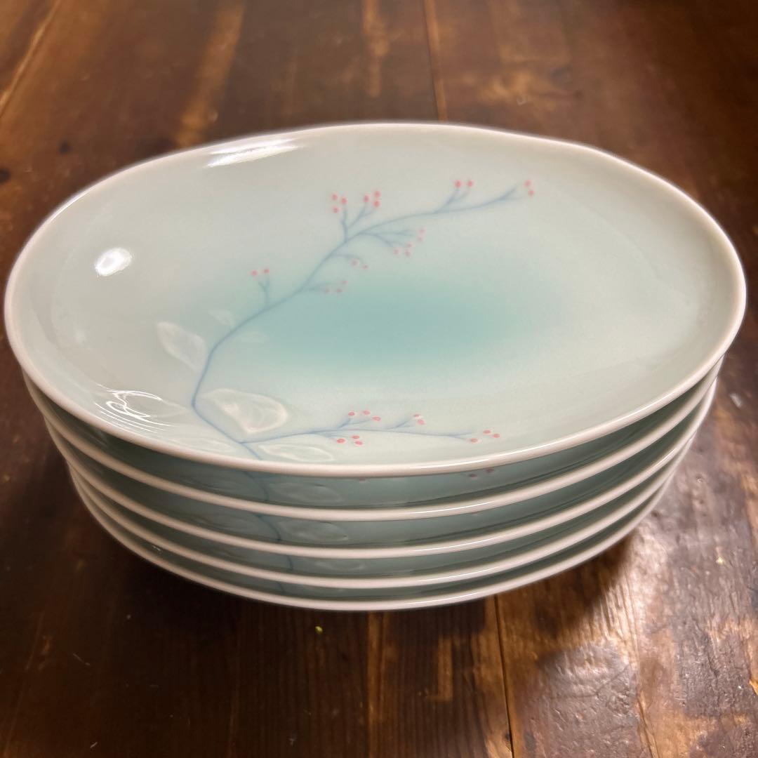 特選 有田焼 藤巻製陶　藤巻窯　青白磁　南天模様　平皿 5枚　 オーバル　料亭