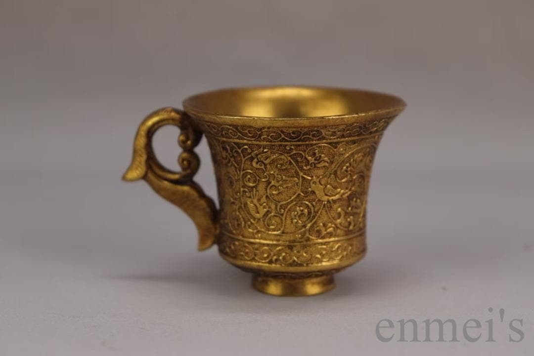 中国古美術 旧蔵 唐代 大唐貞觀款 鍍金銅酒杯 精銅製 小盃 純手作り 鍍金装飾