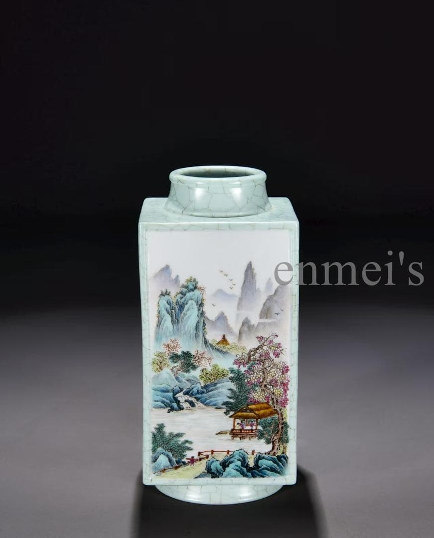 中国古美術 清乾隆 粉彩山水詩文琮式瓶 花瓶 唐物 陶磁 装飾壺 文房具 時代物