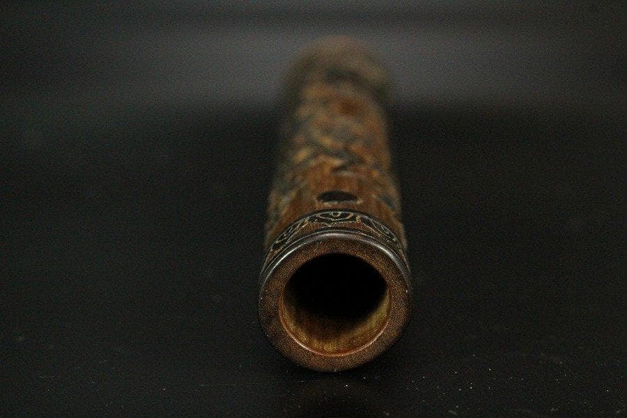 竹 刻花鳥 小筒 高11cm 提物 旧家蔵出