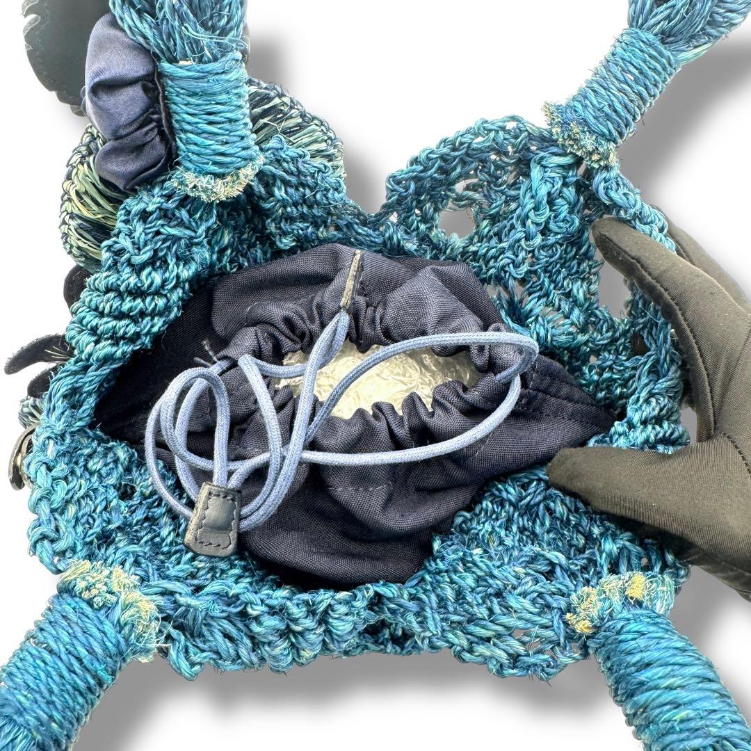 美品　アルファジル　かごバッグ　フラワーモチーフ　ブルー