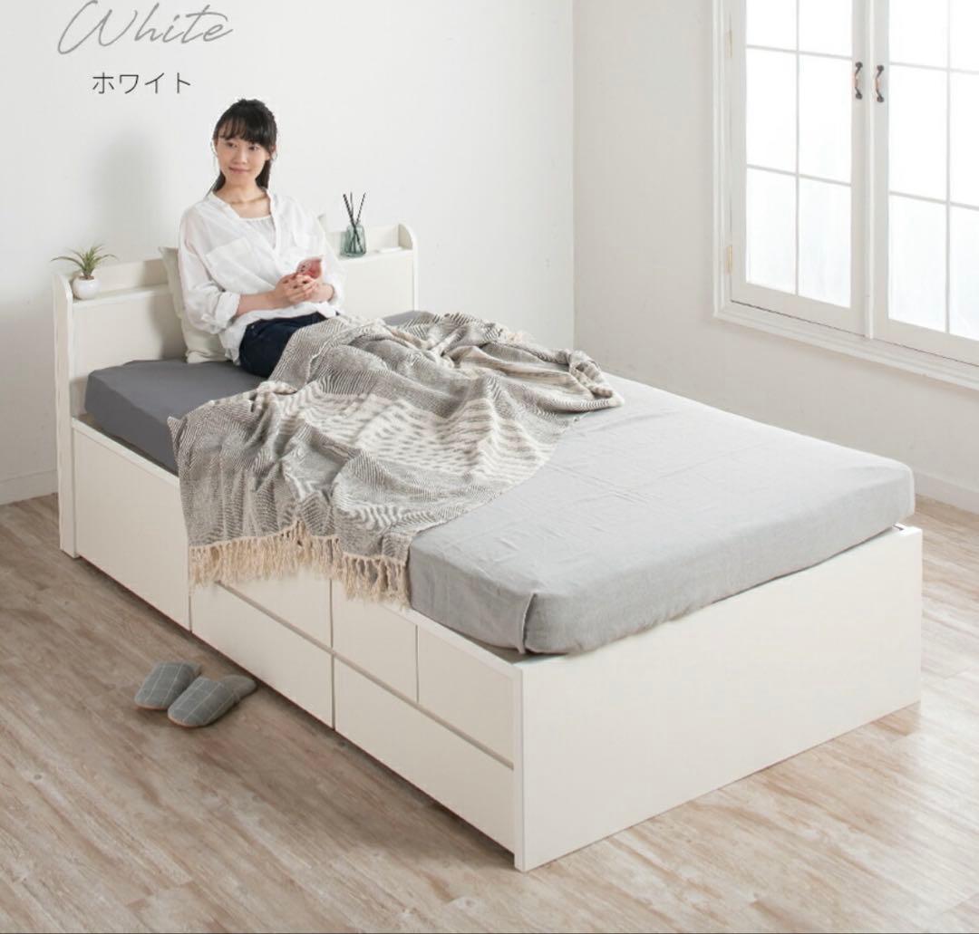 【マットレス付き】ホワイトセミダブルベッド 大容量 収納付き 日本製