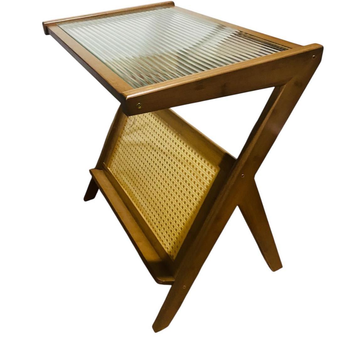 木製ブラウンサイドテーブル ガラス天板