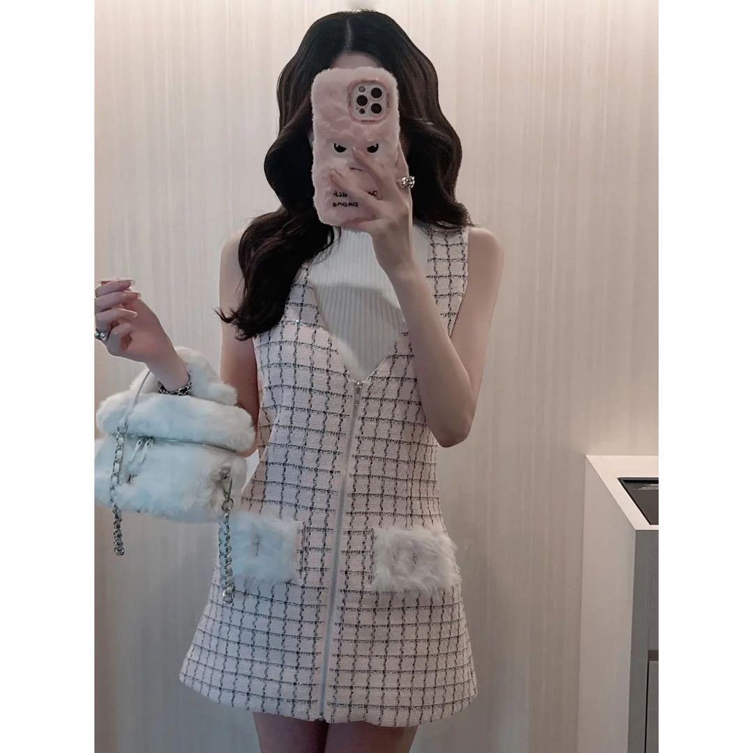 新品タグ付 ダーリッチ フロントファスナーツイードミニワンピース フリー ピンク