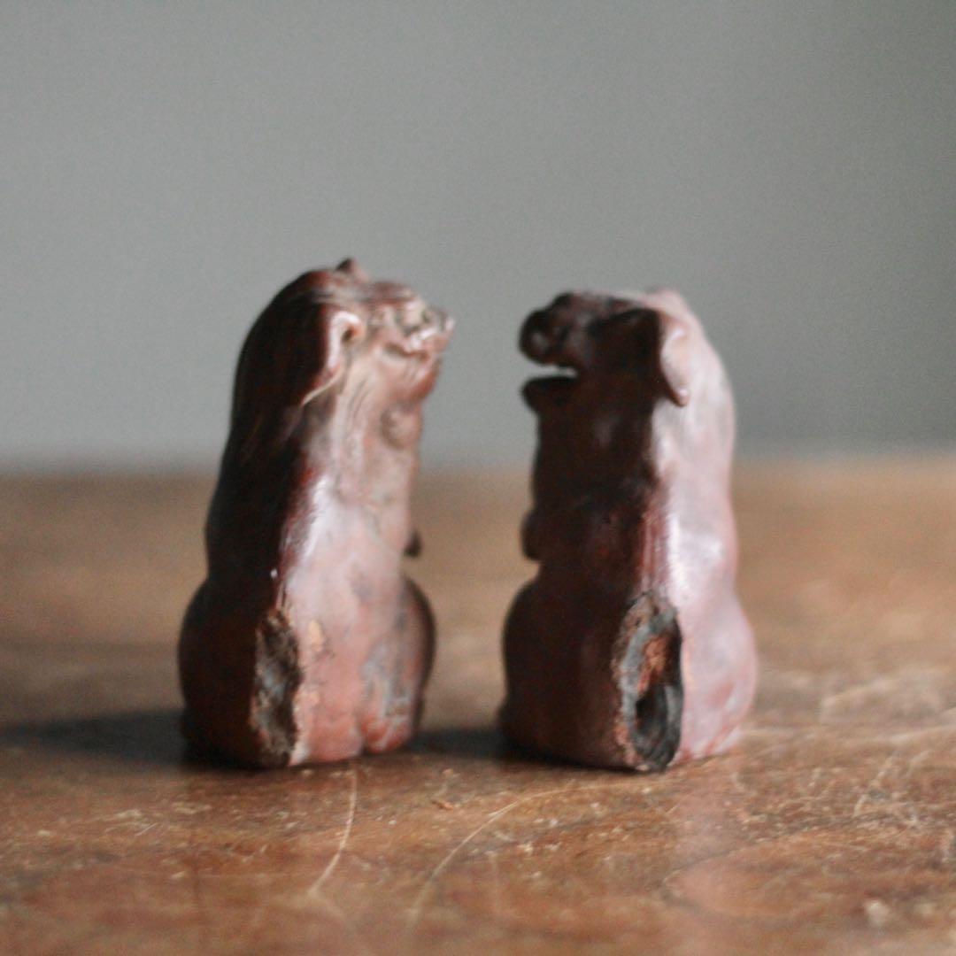 獅子と狛犬 陶人形 備前焼 古道具 アンティーク オブジェ