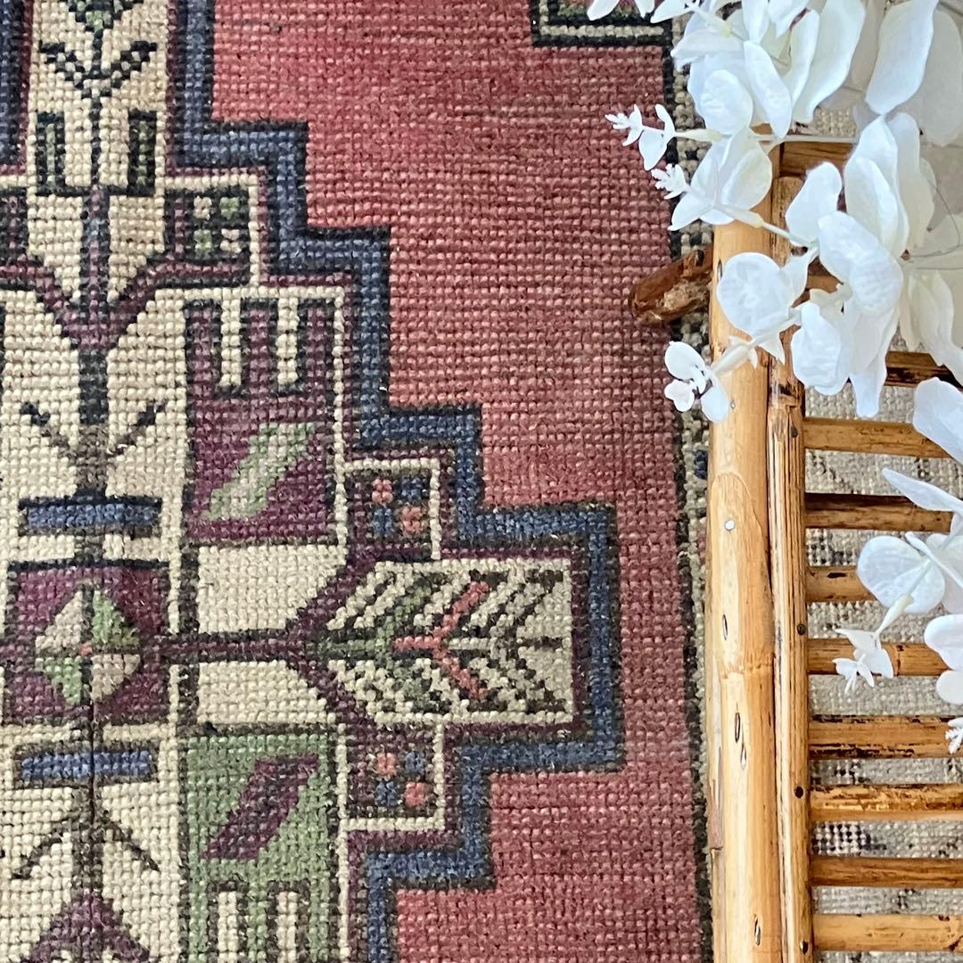 大きめ63×119上質くすみ大人ピンク　グレーメダリオン　トルコヴィンテージラグ