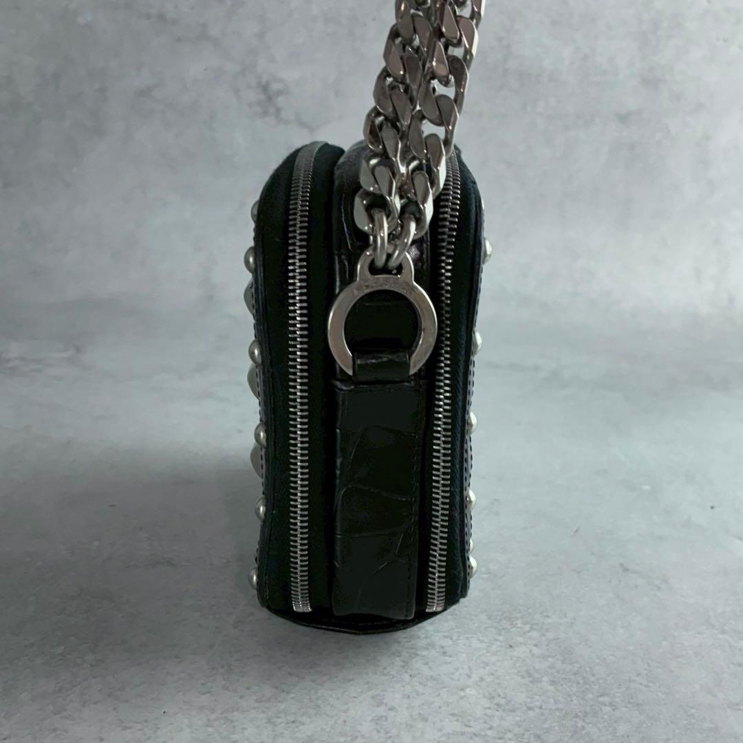 美品★ヴェルサーチ クロコ型押し スタッズ チェーンショルダーウォレット 黒