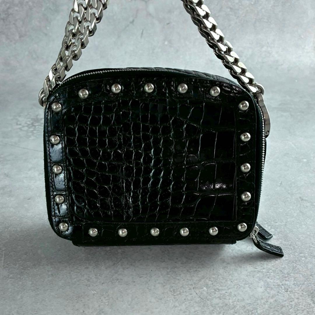 美品★ヴェルサーチ クロコ型押し スタッズ チェーンショルダーウォレット 黒