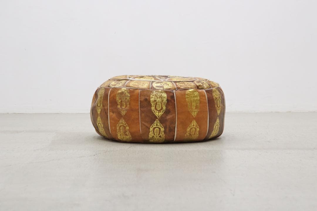 ヴィンテージ エジプト 本革 プフ クッション スツール 円形 座椅子 1