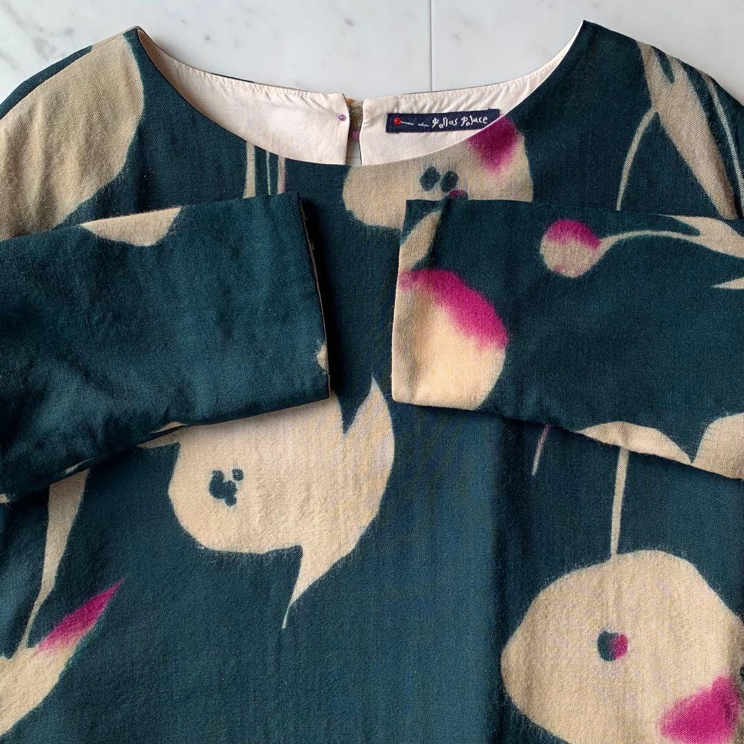 美品 パラスパレス 花柄ワンピース ウールワンピース ダークグリーン 日本製