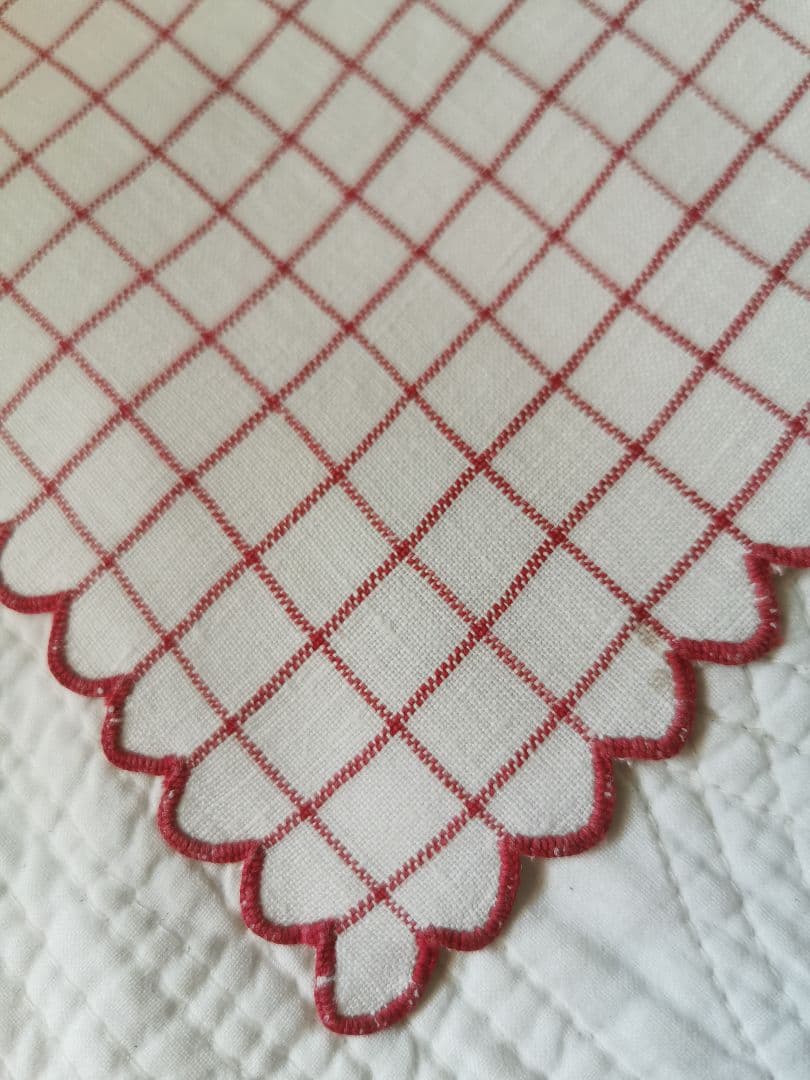 アンティーク フランス グラフチェック＆花弁スカラップリム刺繍 リネンクロス β