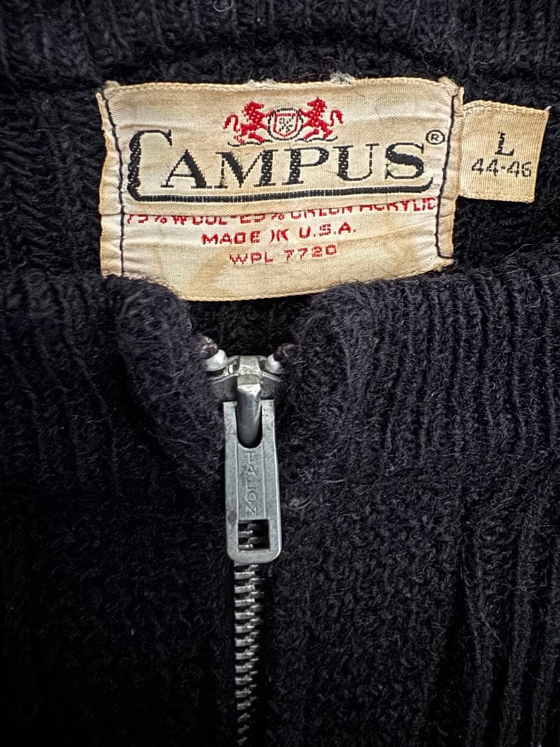 50s CAMPUS ウールニットジップカーディガンUSA製ブラックヴィンテージ