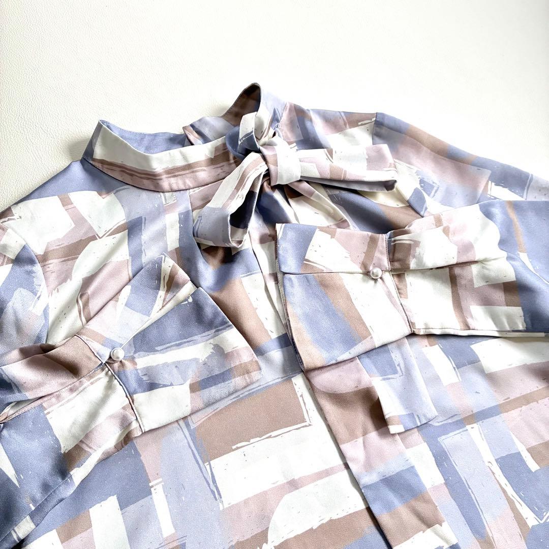 ◆極美品◆ANAYI◆スクエア幾何プリントサイドボウタイブラウス◆パープル◆S