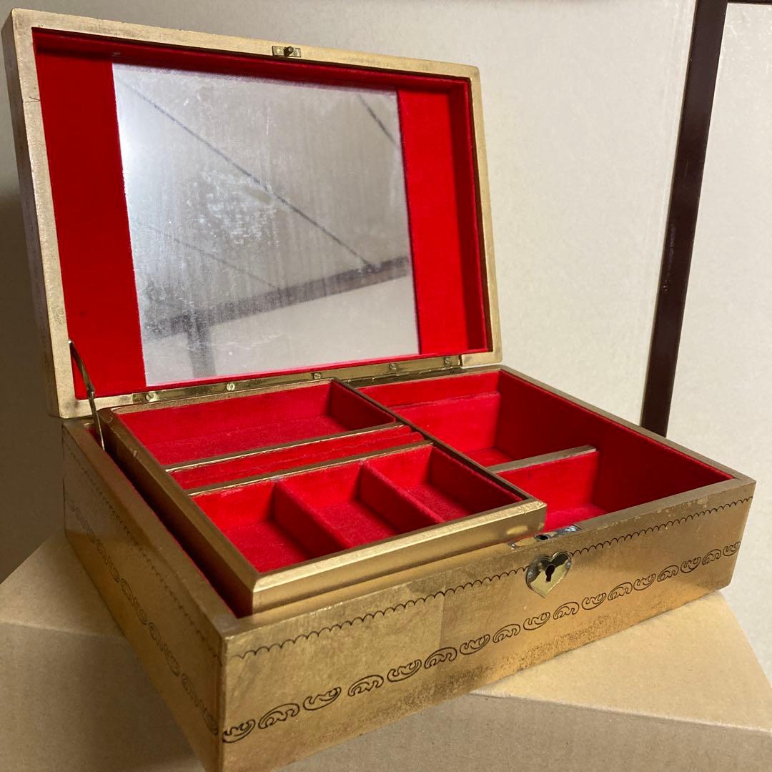 化粧箱　アクセサリーケース　ミラー付き　昭和レトロ　ゴールド　イラスト入り