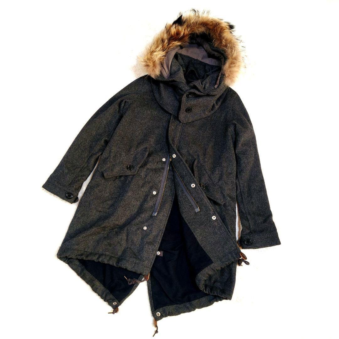 ジョンブル カシミヤ混 ウール モッズコート ラクーンファー グレー フード着脱