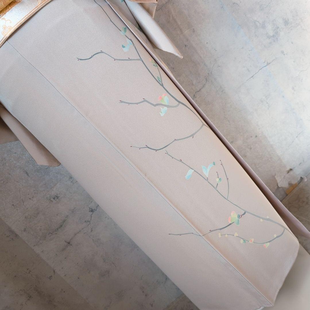 訪問着　フルセット　着物　正絹　加賀友禅　虫食い　淡いベージュ　枝葉　落款O2