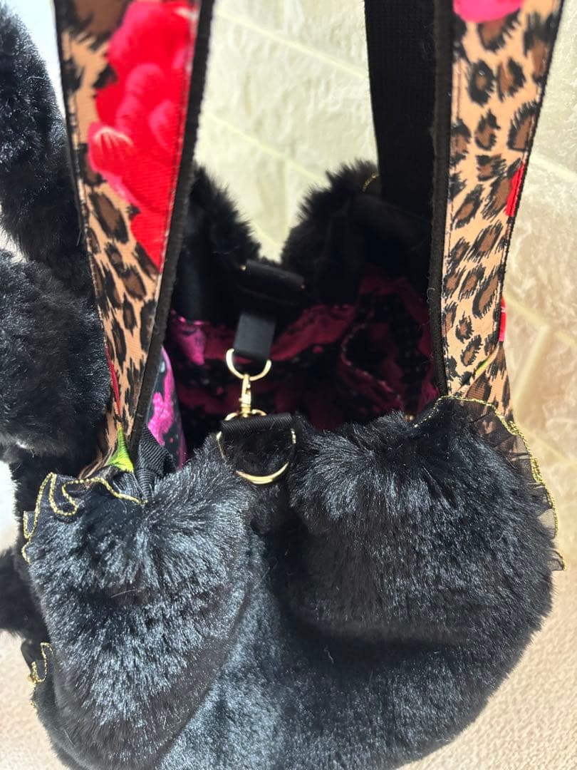 牡*❁様 コヤンイサムチョン　ハンドメイド　ファーバッグ　ヒョウ柄黒　ルミちゃん