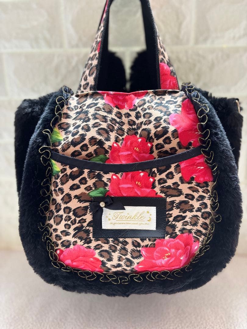 牡*❁様 コヤンイサムチョン　ハンドメイド　ファーバッグ　ヒョウ柄黒　ルミちゃん