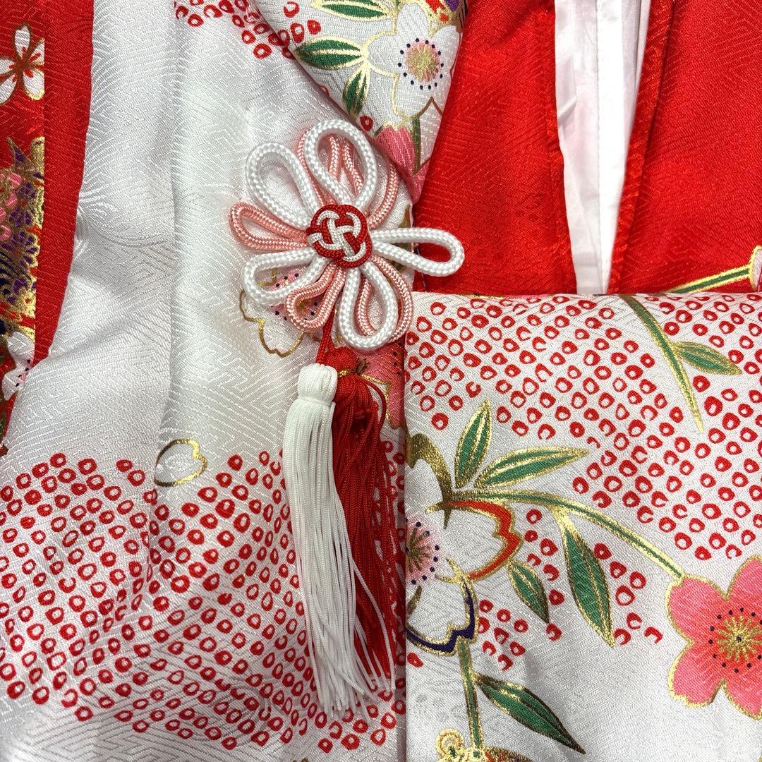 七五三女の子着物9点セット★3歳着物被布草履★赤色着物★白色被布コート★足袋巾着