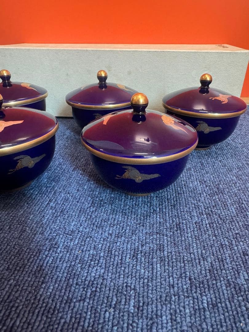 1882 香蘭社　瑠璃鶴亀　湯呑蓋付　5客　金彩　未使用