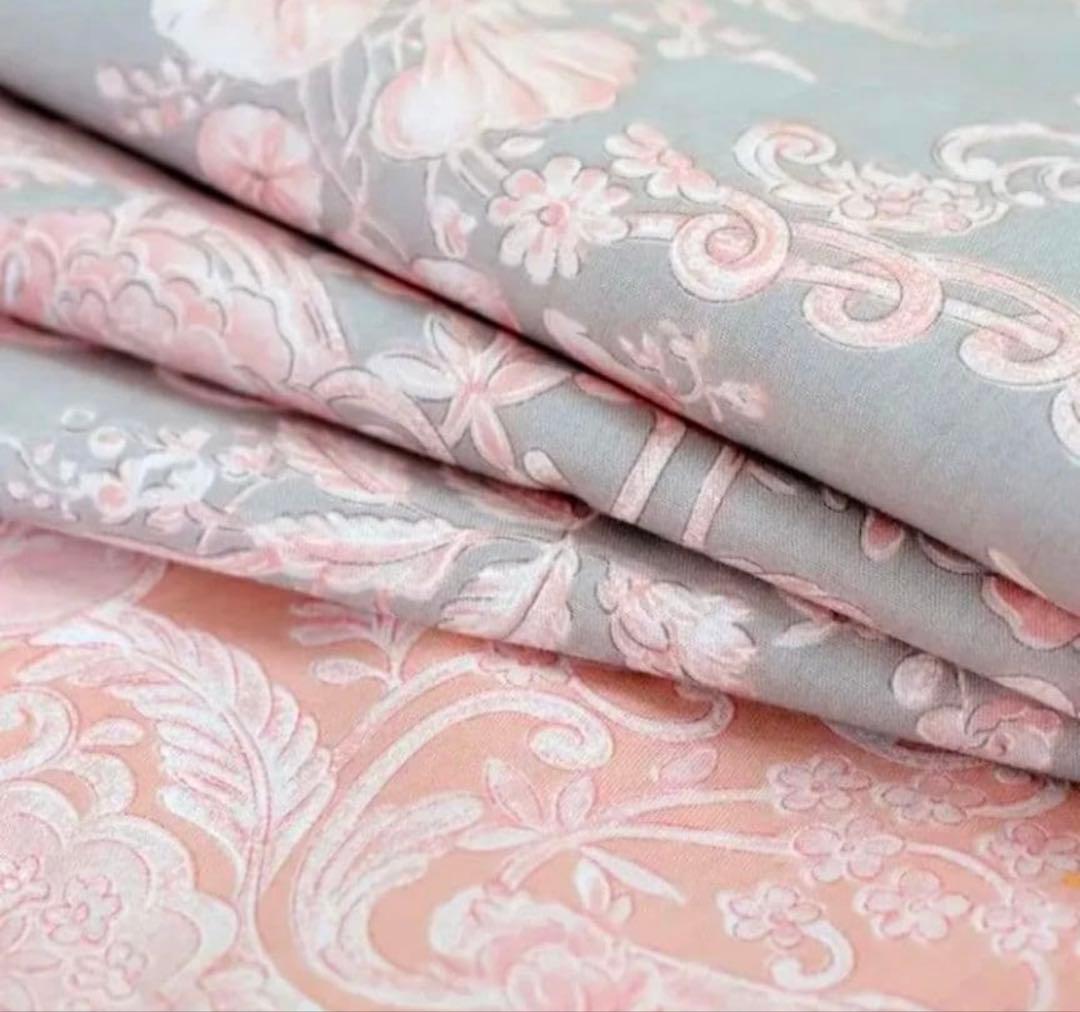 新品未使用★エレガントなグレー＆ピンクダマスクスローズ柄ダブル掛け布団と枕カバー