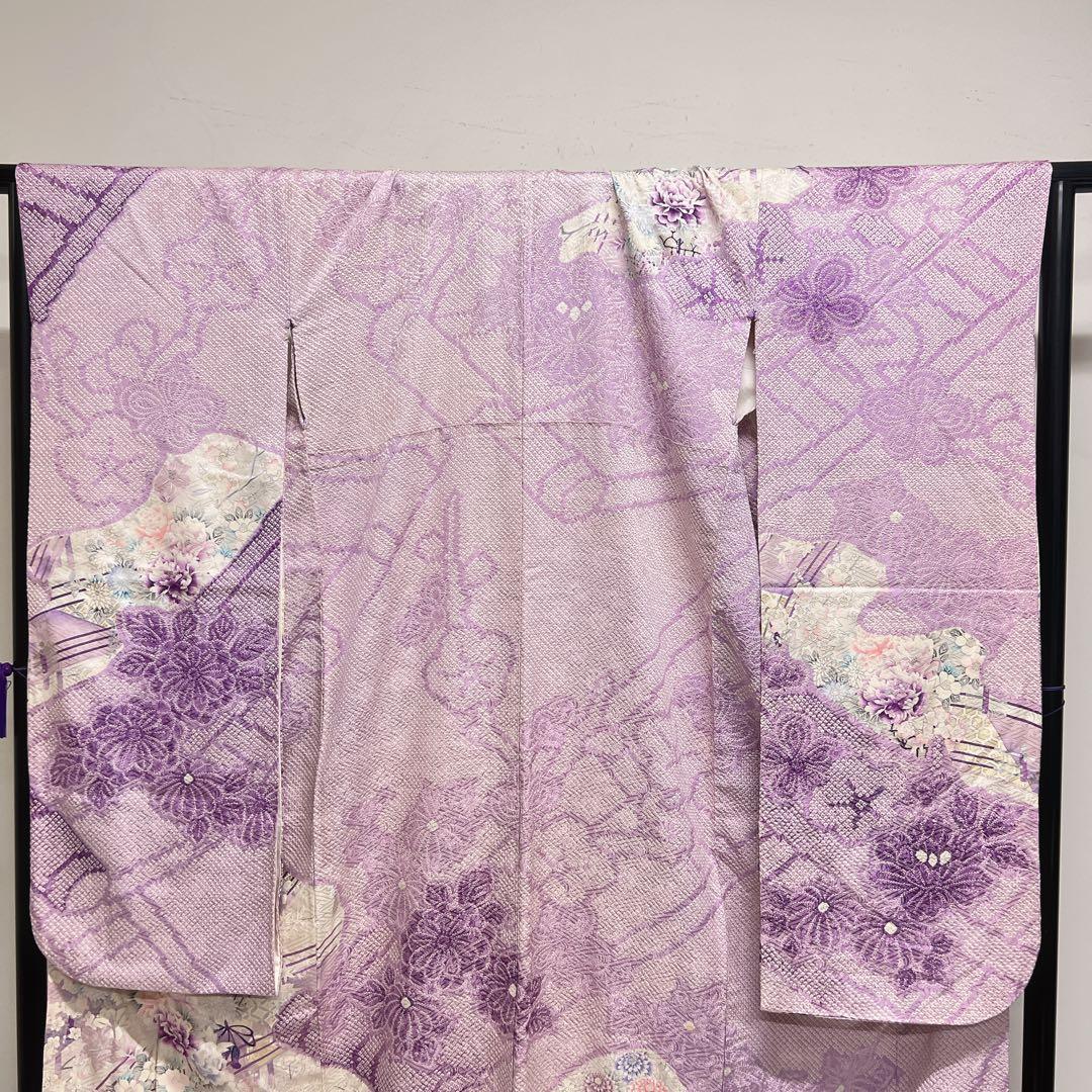 振袖　総絞り　銀彩　牡丹　梅花　薄紫　成人式　着物　125tz